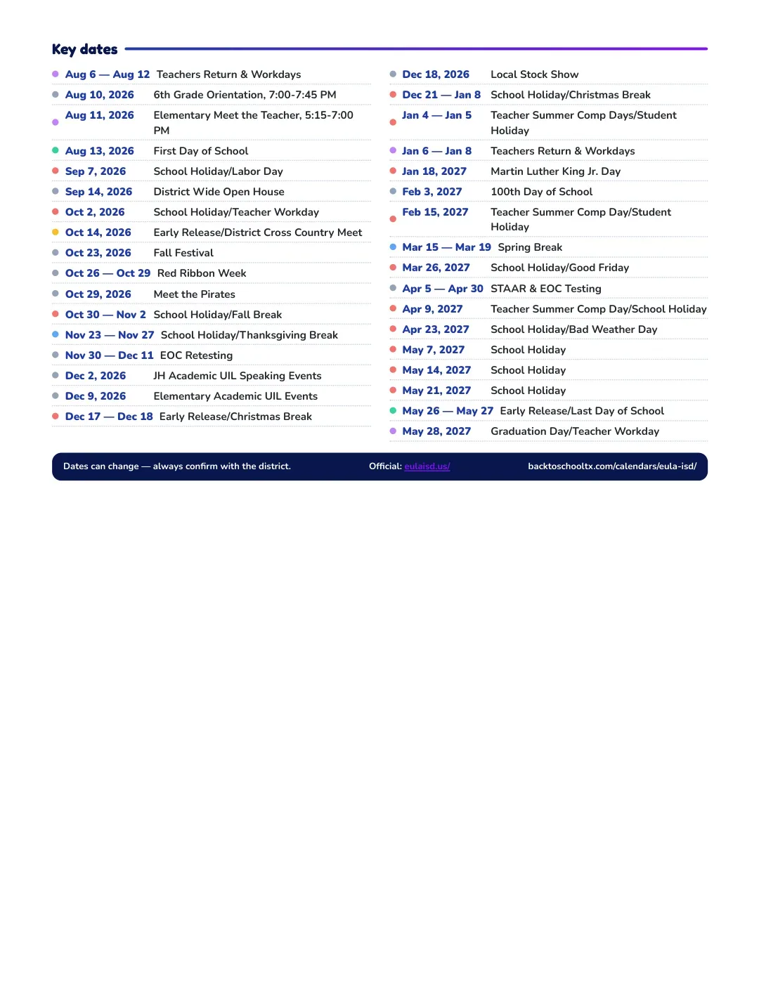 Eula ISD Calendar for the Year 26-27 — key dates