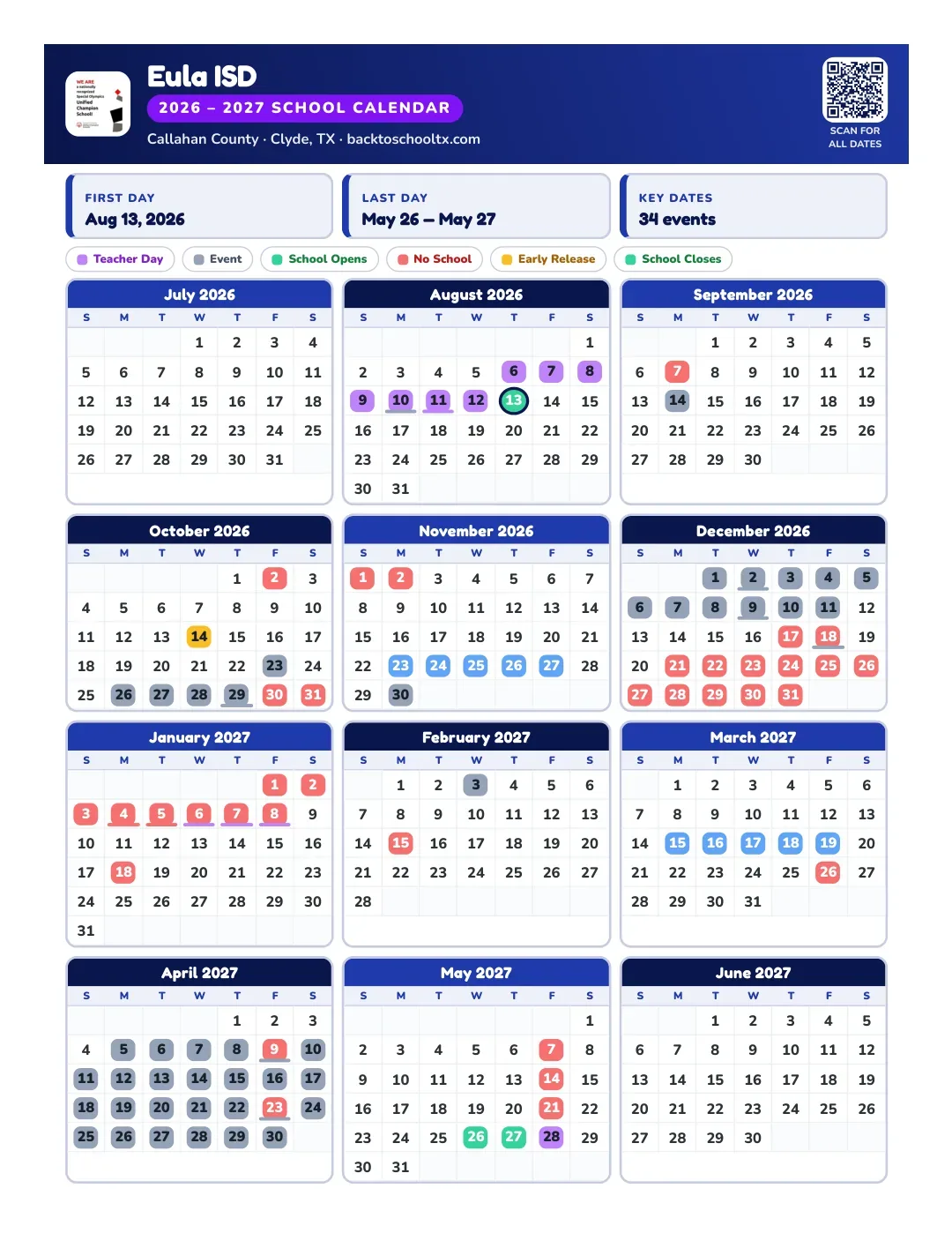 Eula ISD Calendar for the Year 26-27