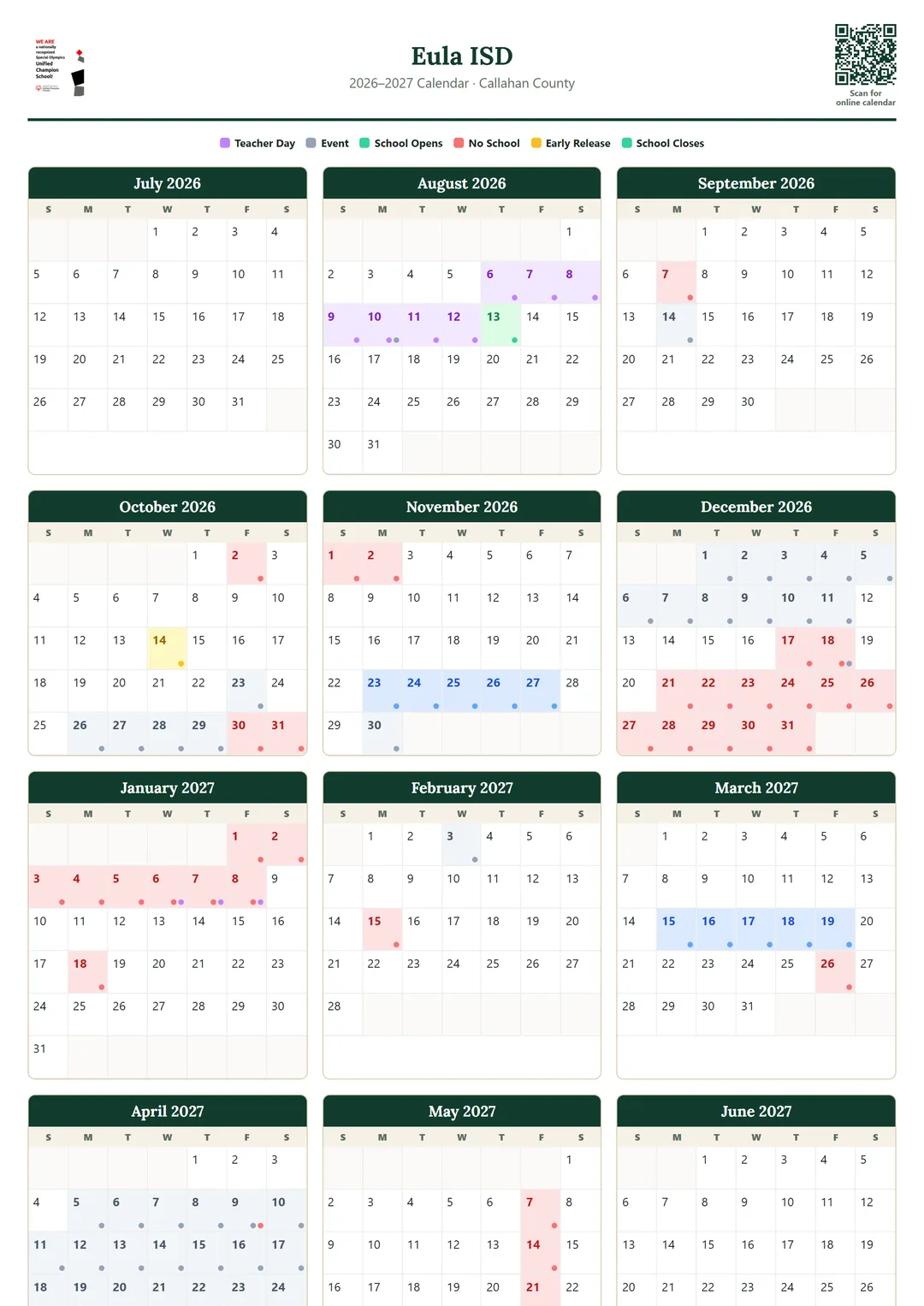 Eula ISD printable 2026–2027 calendar