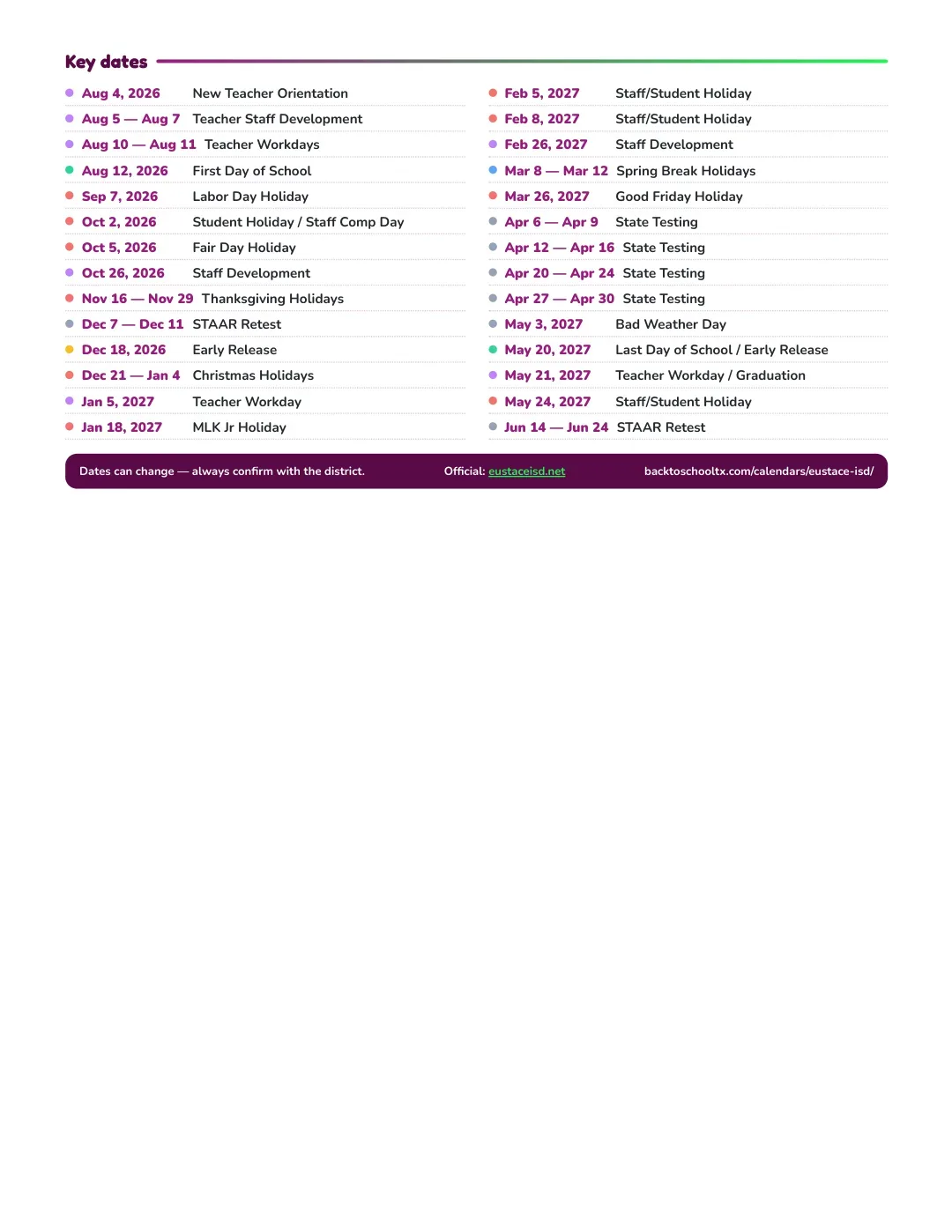 Eustace ISD Calendar for the Year 26-27 — key dates