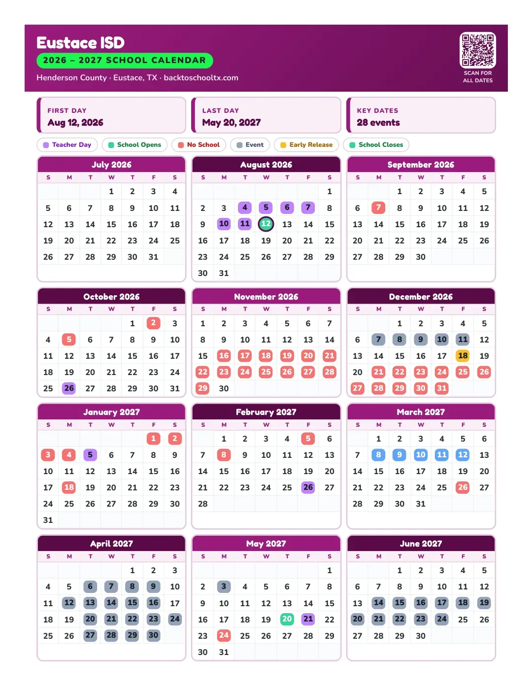 Eustace ISD Calendar for the Year 26-27