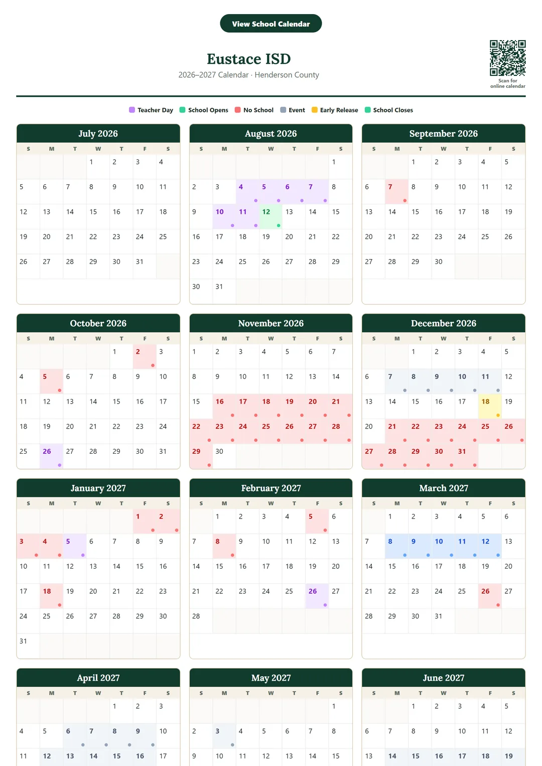 Eustace ISD printable 2026–2027 calendar