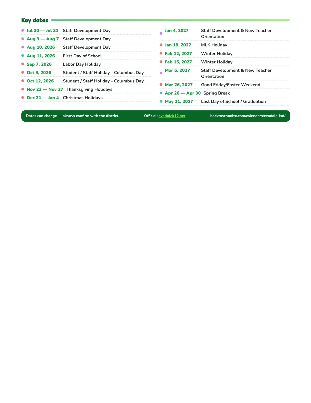Evadale ISD Calendar for the Year 26-27 — key dates