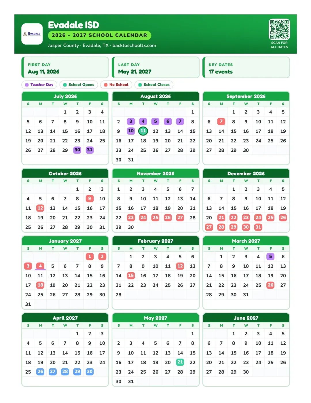 Evadale ISD Calendar for the Year 26-27