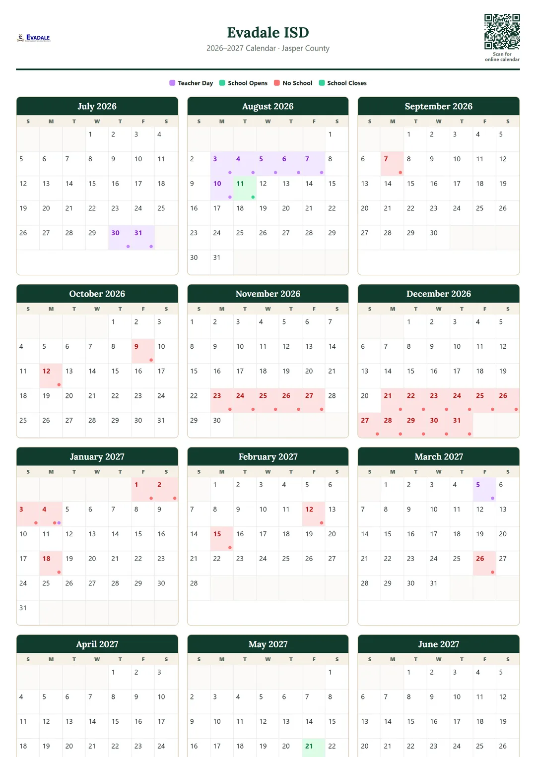Evadale ISD printable 2026–2027 calendar