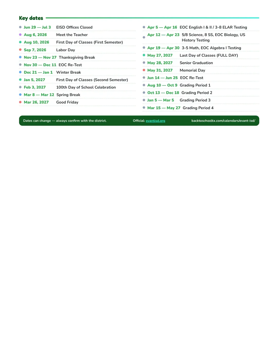 Evant ISD Calendar for the Year 26-27 — key dates