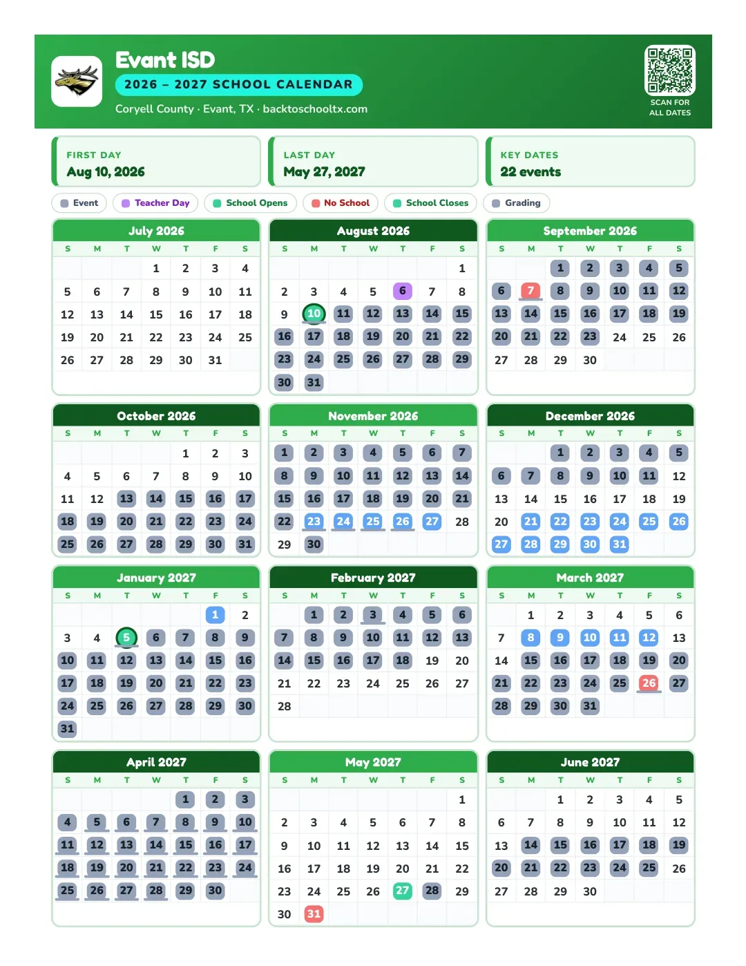 Evant ISD Calendar for the Year 26-27