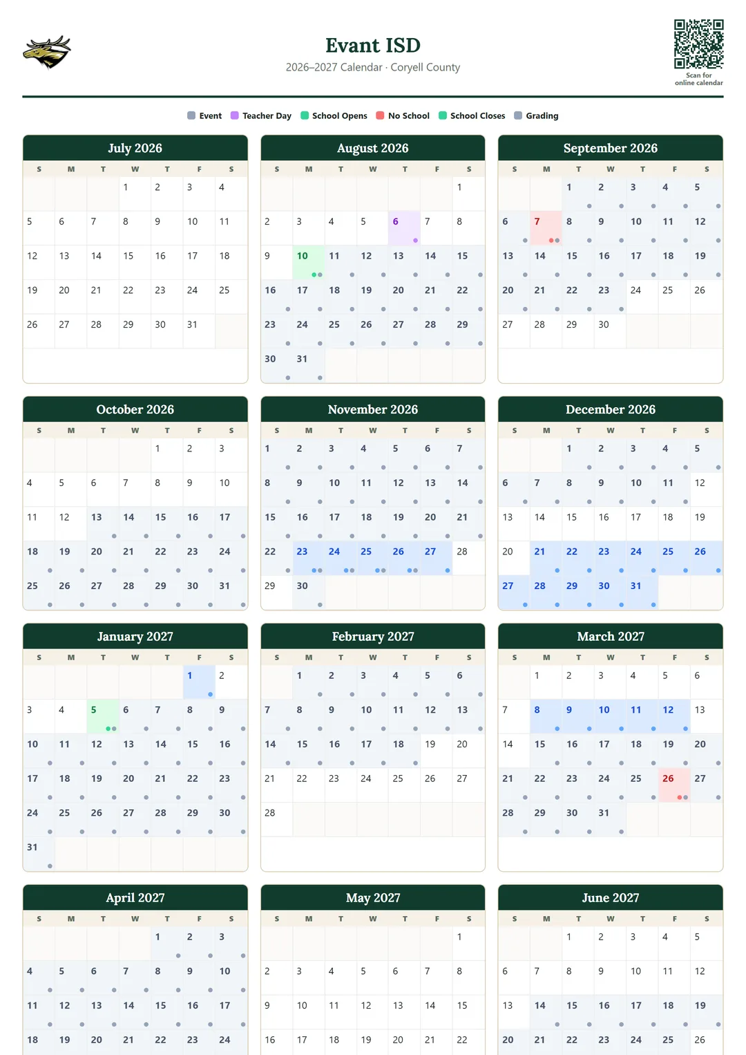Evant ISD printable 2026–2027 calendar