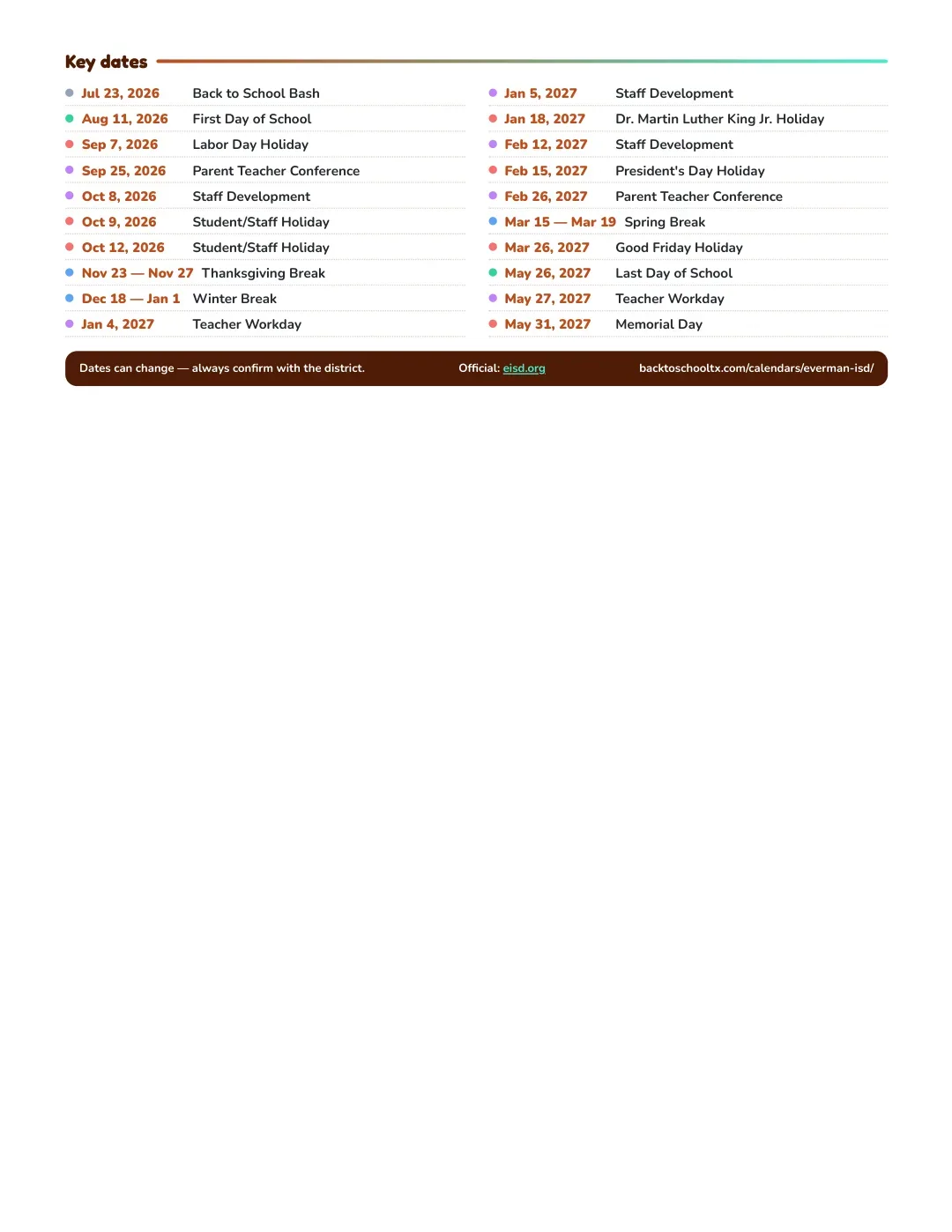 Everman ISD Calendar for the Year 26-27 — key dates