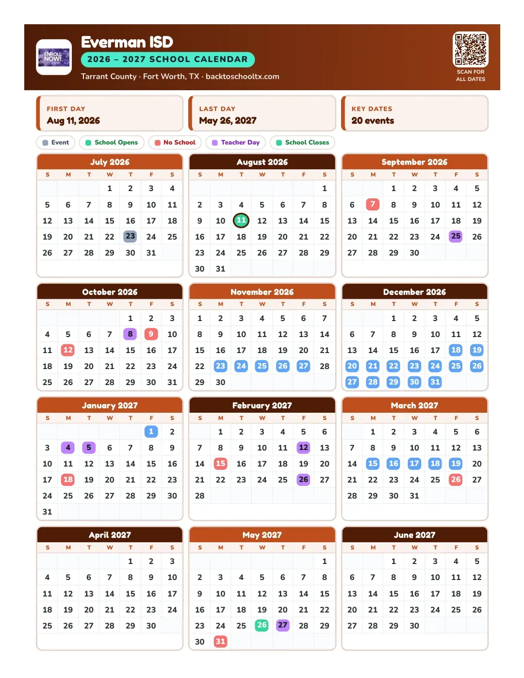 Everman ISD Calendar for the Year 26-27