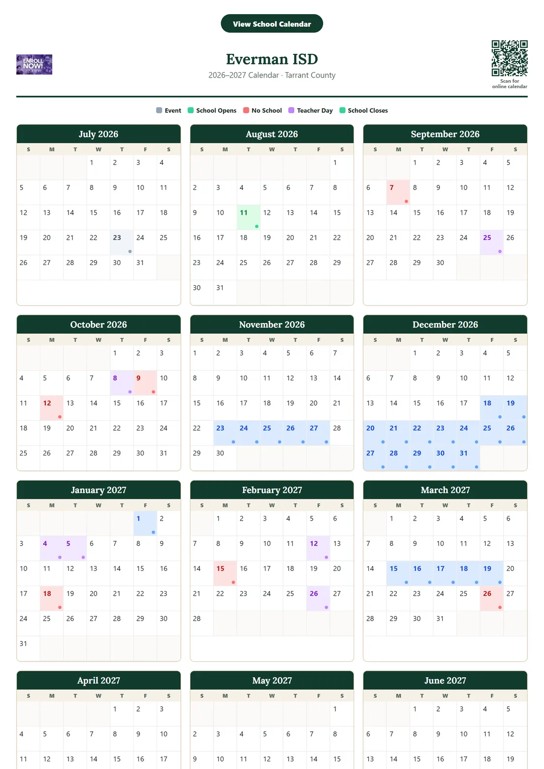 Everman ISD printable 2026–2027 calendar