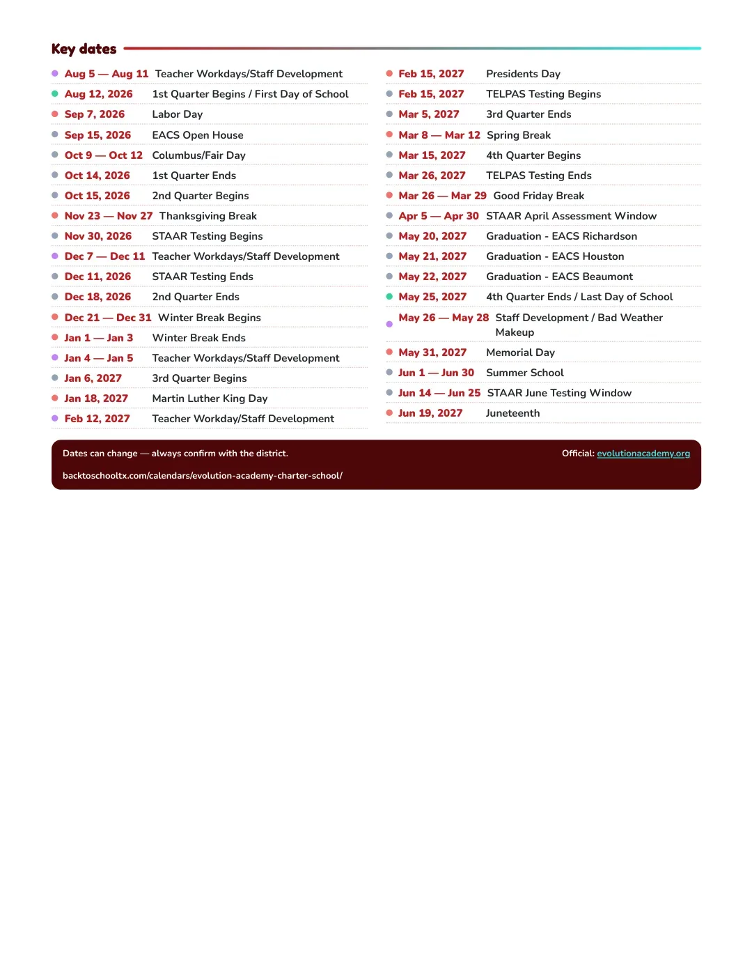 Evolution Academy Charter School Calendar for the Year 26-27 — key dates