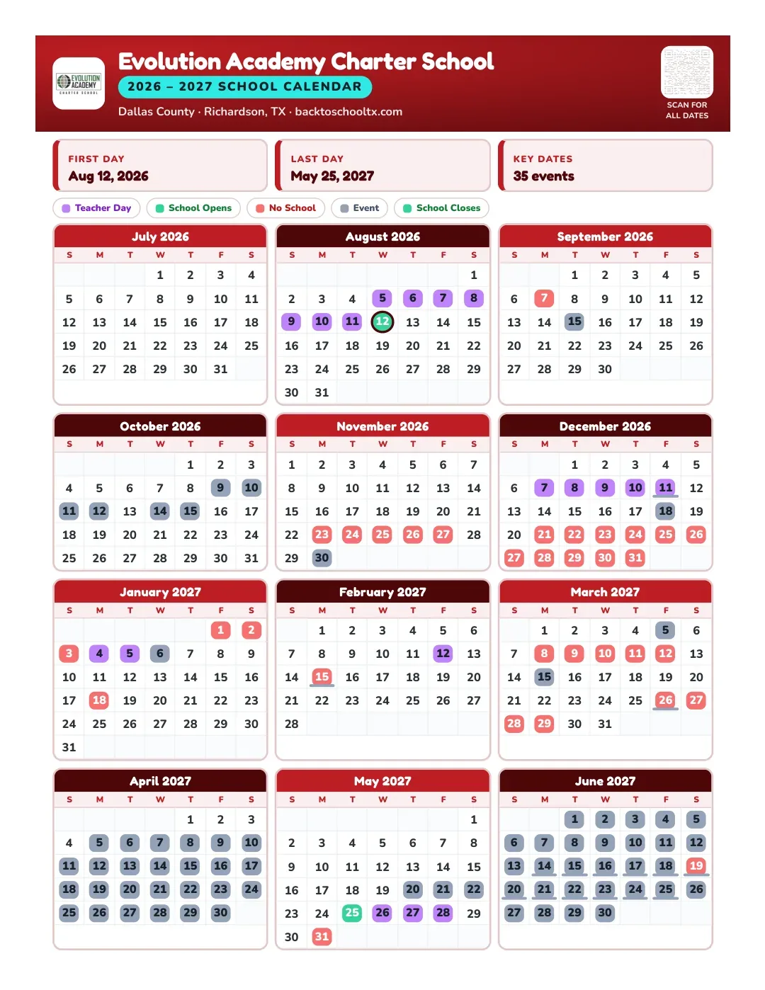 Evolution Academy Charter School Calendar for the Year 26-27