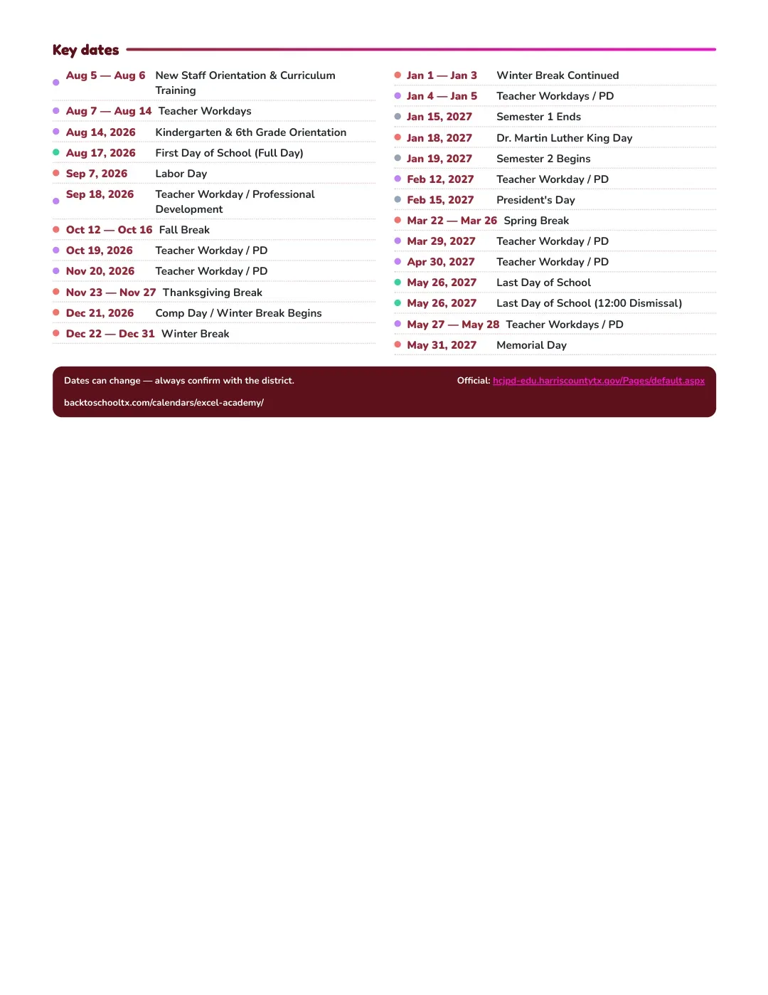 Excel Academy Calendar for the Year 26-27 — key dates