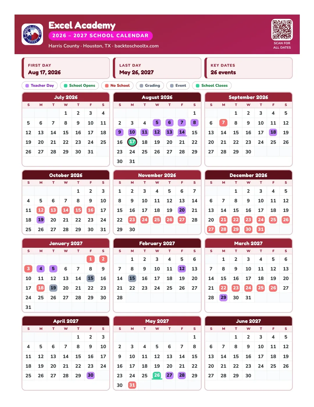 Excel Academy Calendar for the Year 26-27
