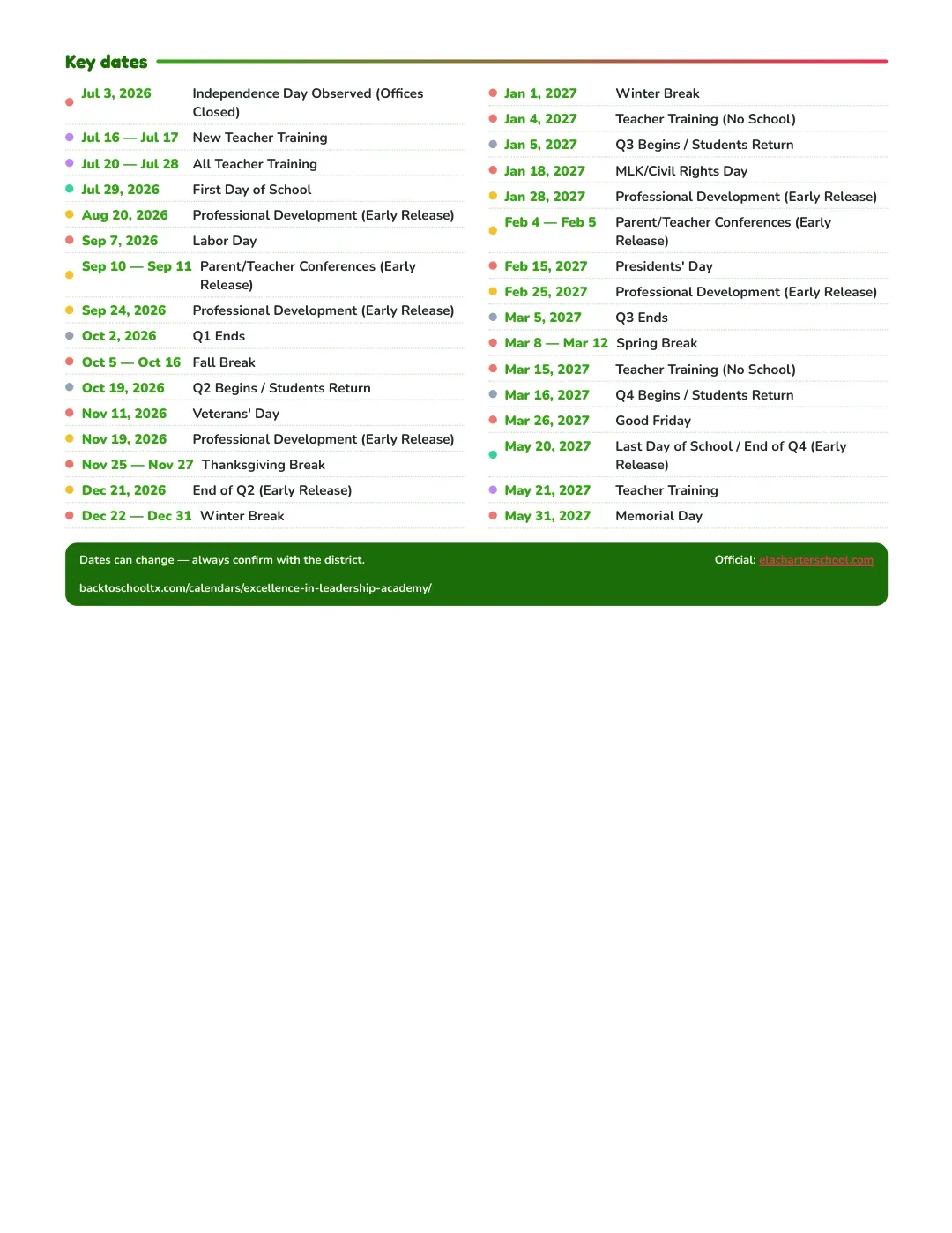 Excellence In Leadership Academy Calendar for the Year 26-27 — key dates
