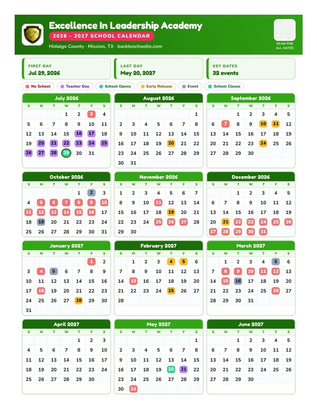 Excellence In Leadership Academy Calendar for the Year 26-27