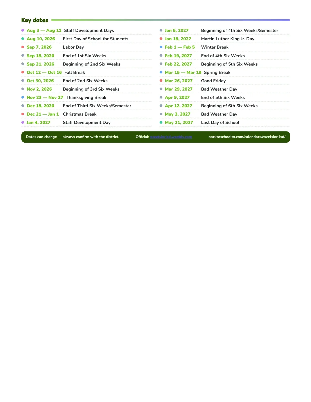 Excelsior ISD Calendar for the Year 26-27 — key dates