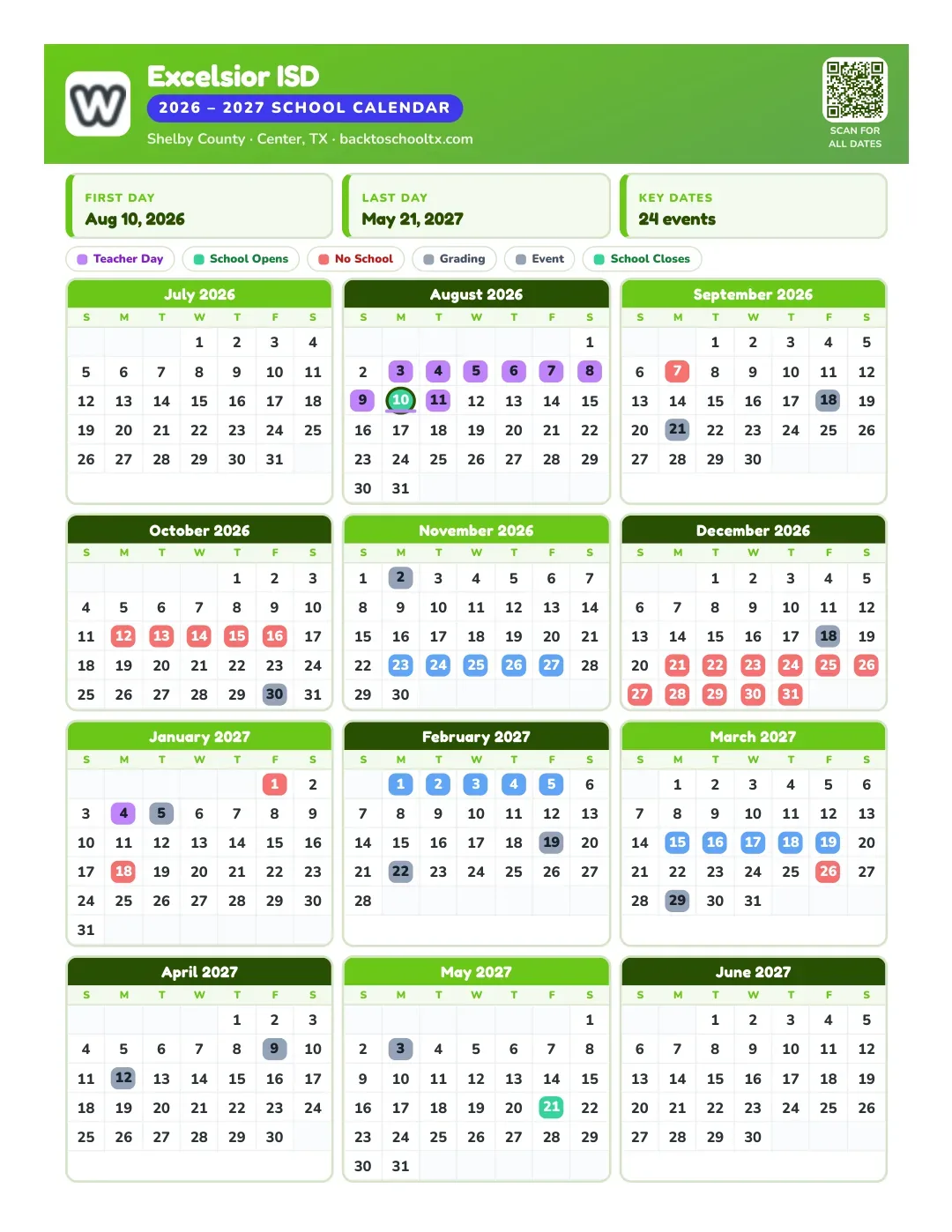 Excelsior ISD Calendar for the Year 26-27