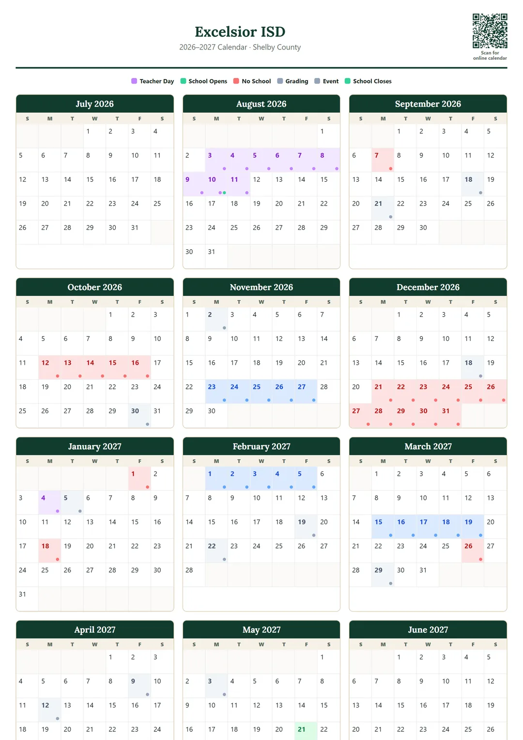 Excelsior ISD printable 2026–2027 calendar