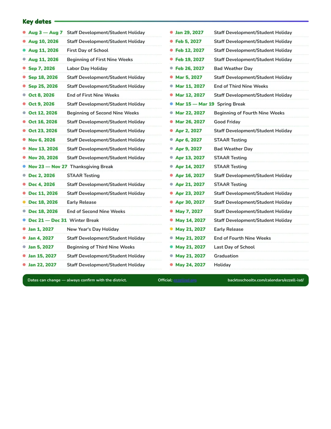 Ezzell ISD Calendar for the Year 26-27 — key dates