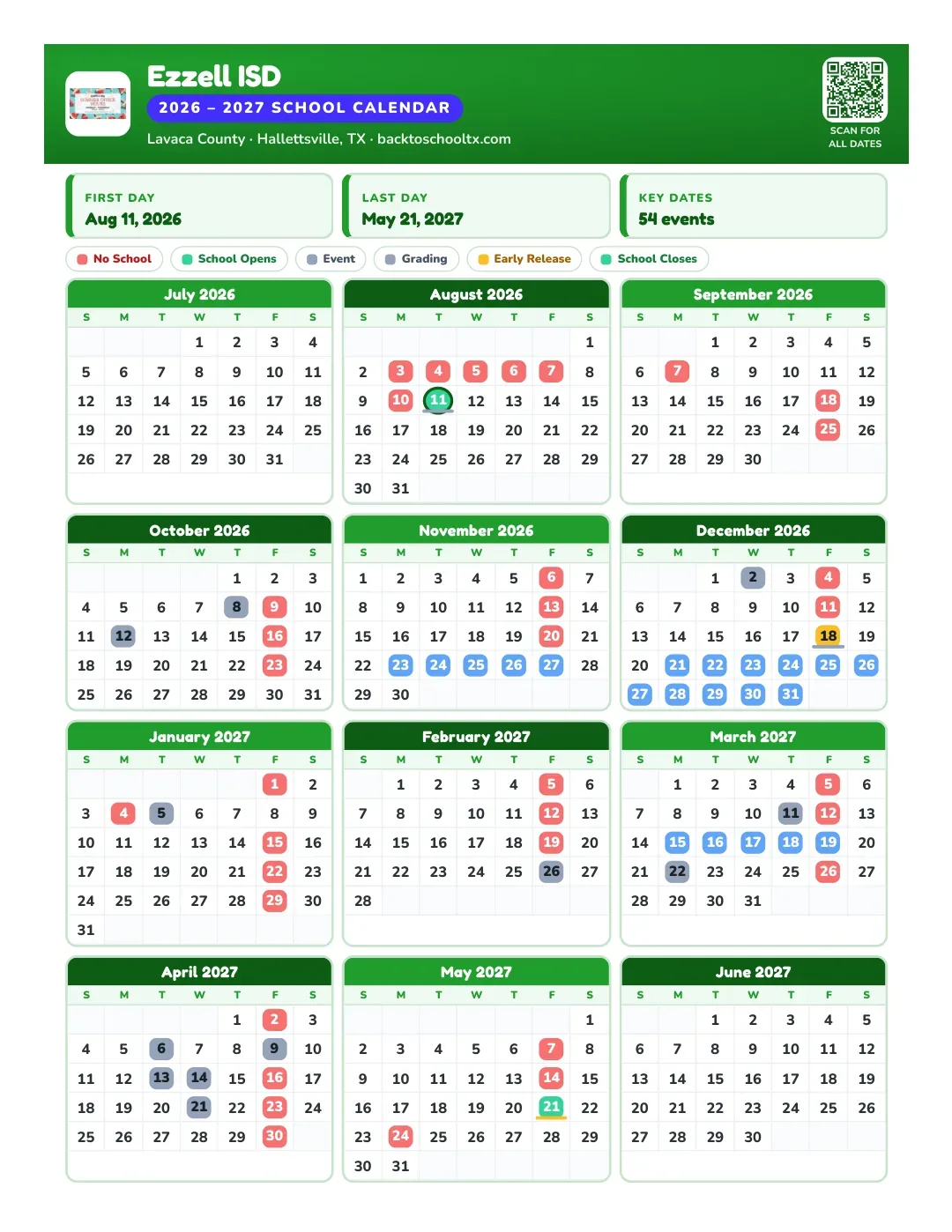 Ezzell ISD Calendar for the Year 26-27