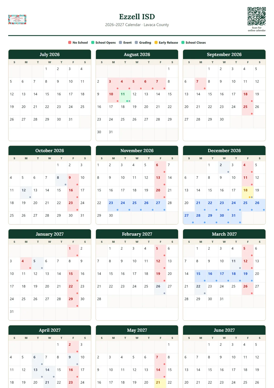 Ezzell ISD printable 2026–2027 calendar