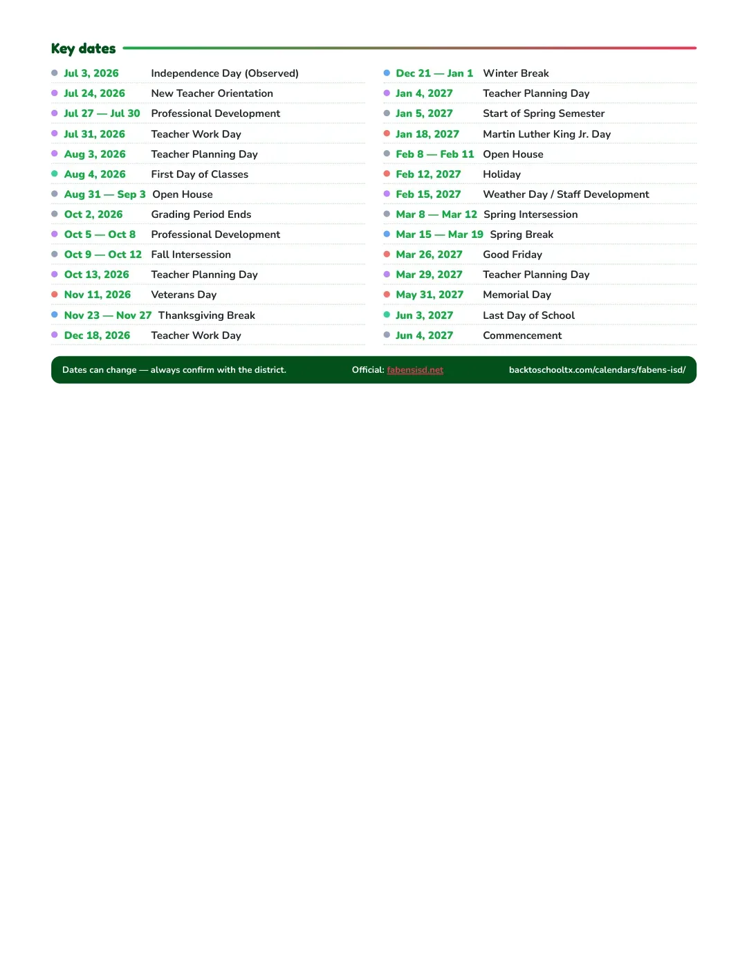 Fabens ISD Calendar for the Year 26-27 — key dates