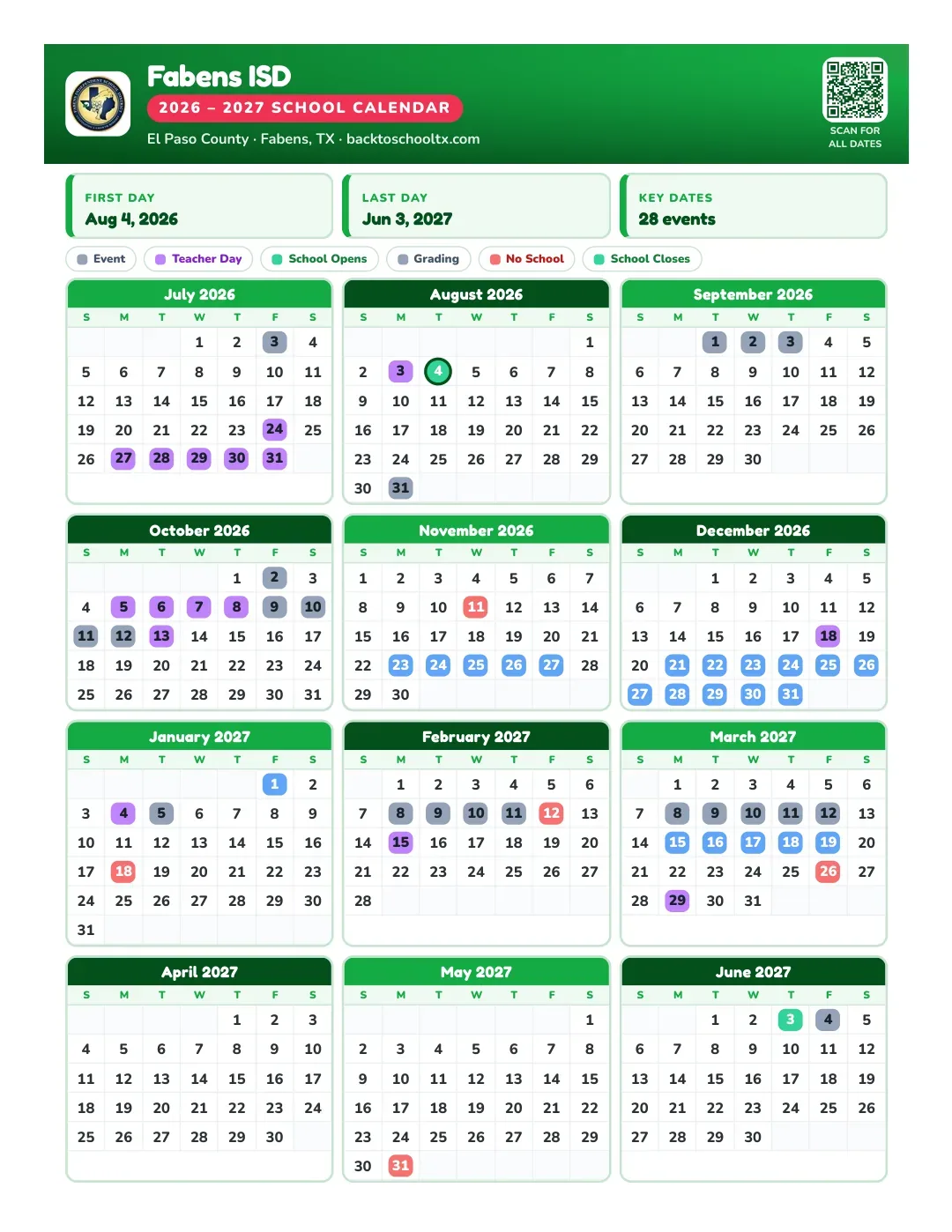 Fabens ISD Calendar for the Year 26-27
