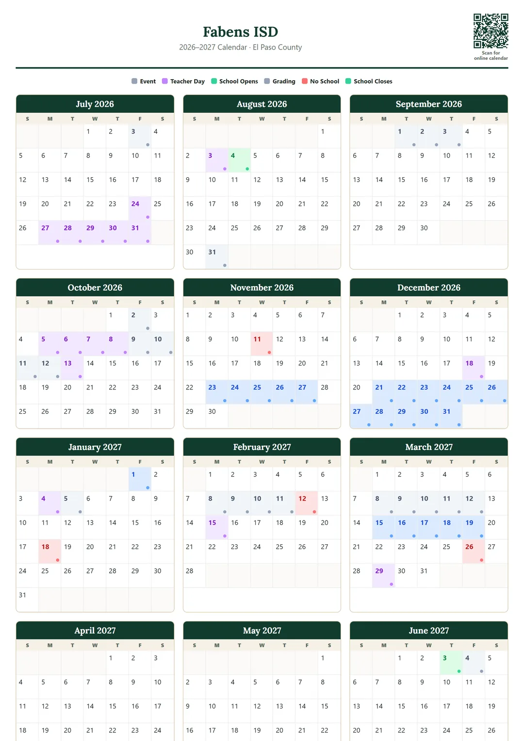 Fabens ISD printable 2026–2027 calendar