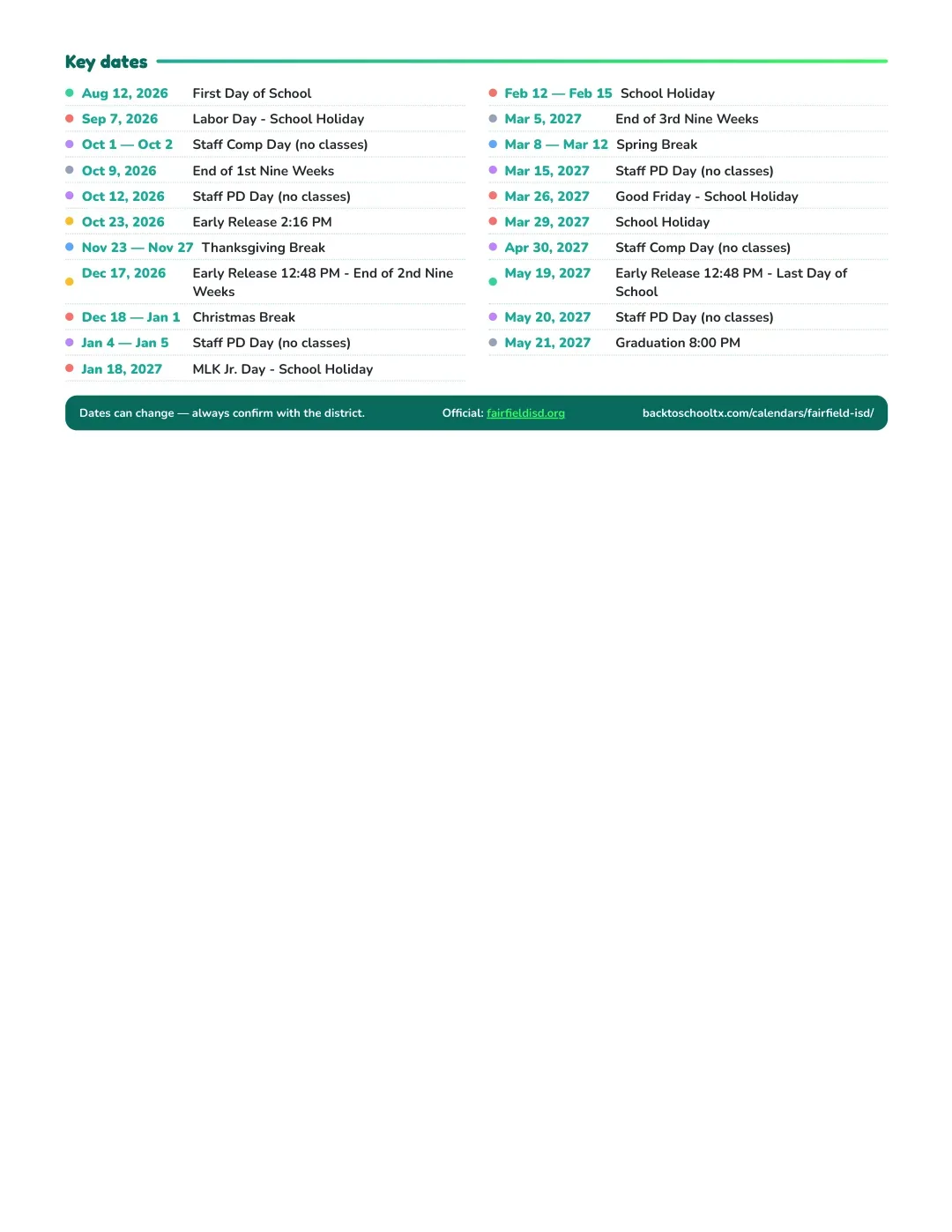 Fairfield ISD Calendar for the Year 26-27 — key dates