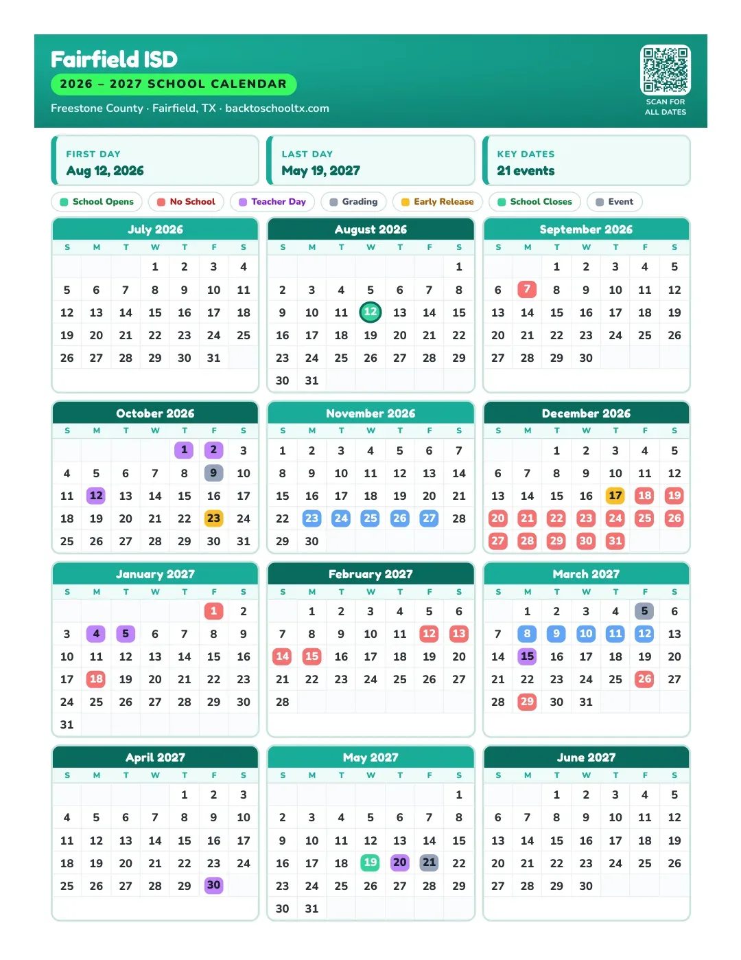 Fairfield ISD Calendar for the Year 26-27