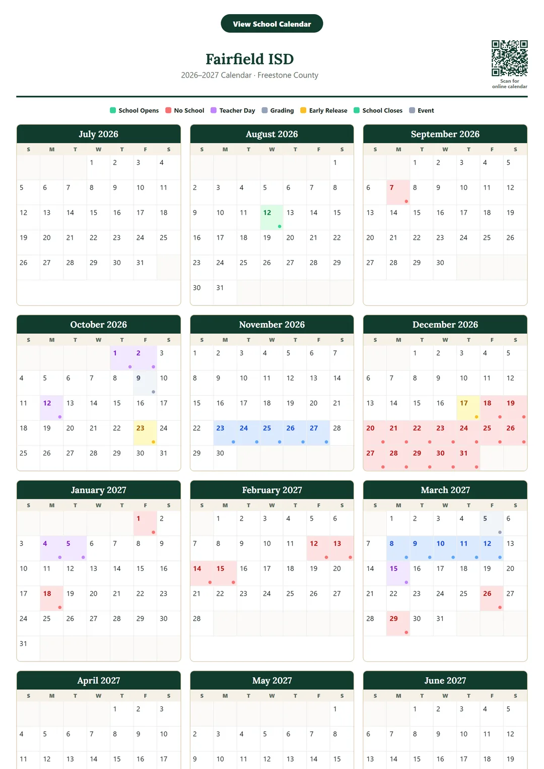Fairfield ISD printable 2026–2027 calendar