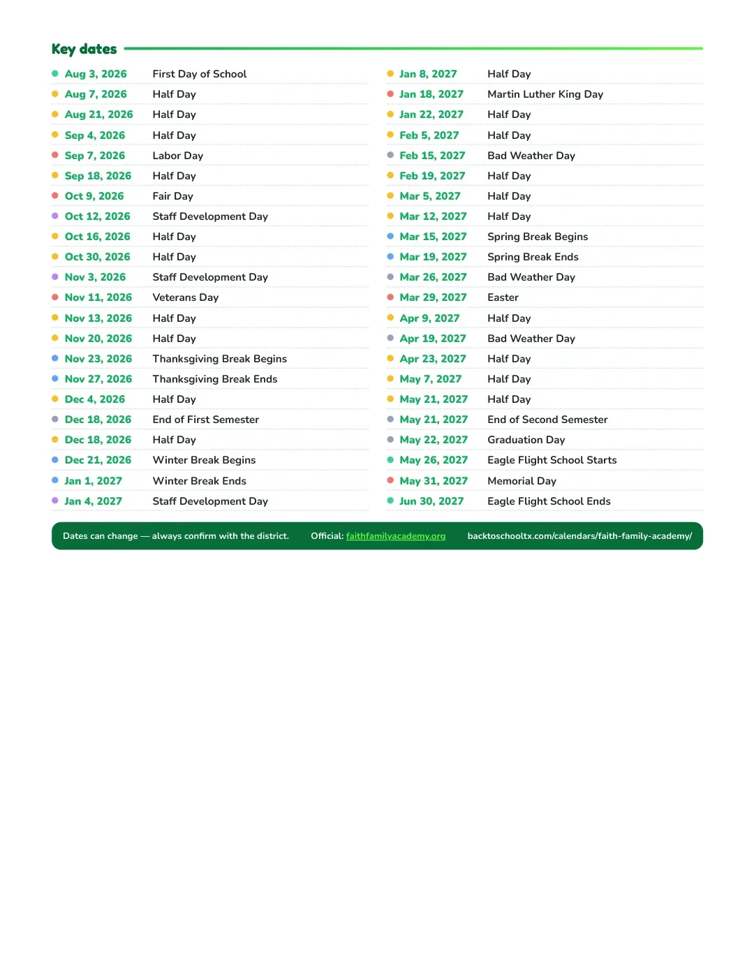 Faith Family Academy Calendar for the Year 26-27 — key dates