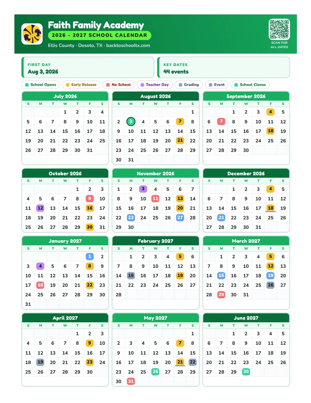 Faith Family Academy Calendar for the Year 26-27