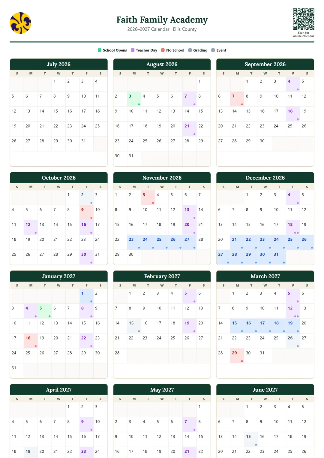 Faith Family Academy printable 2026–2027 calendar