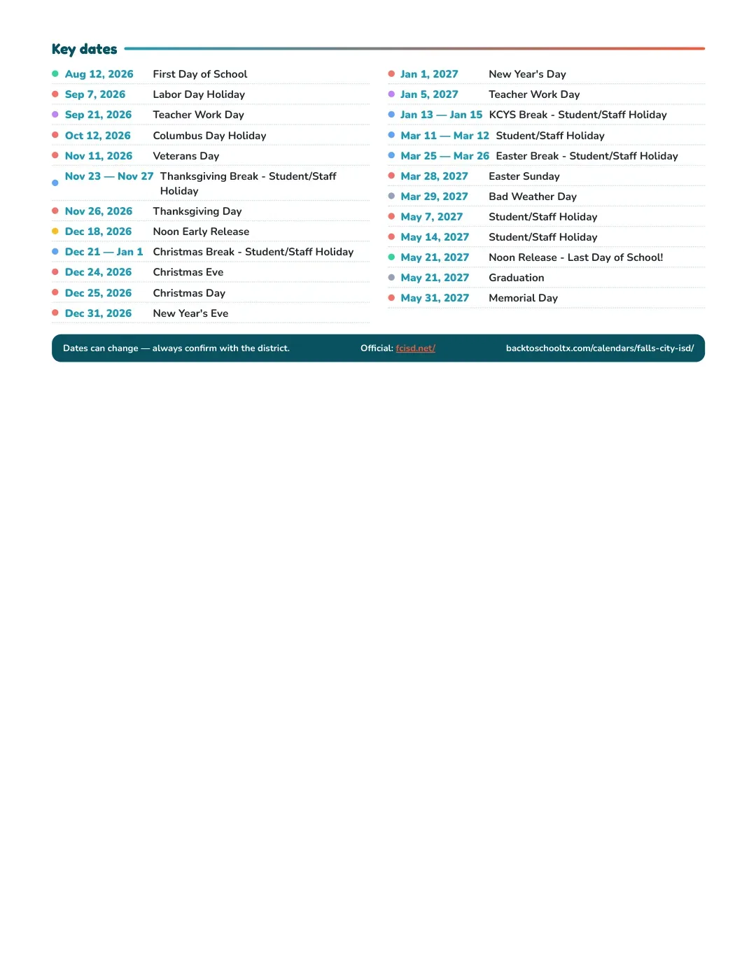 Falls City ISD Calendar for the Year 26-27 — key dates
