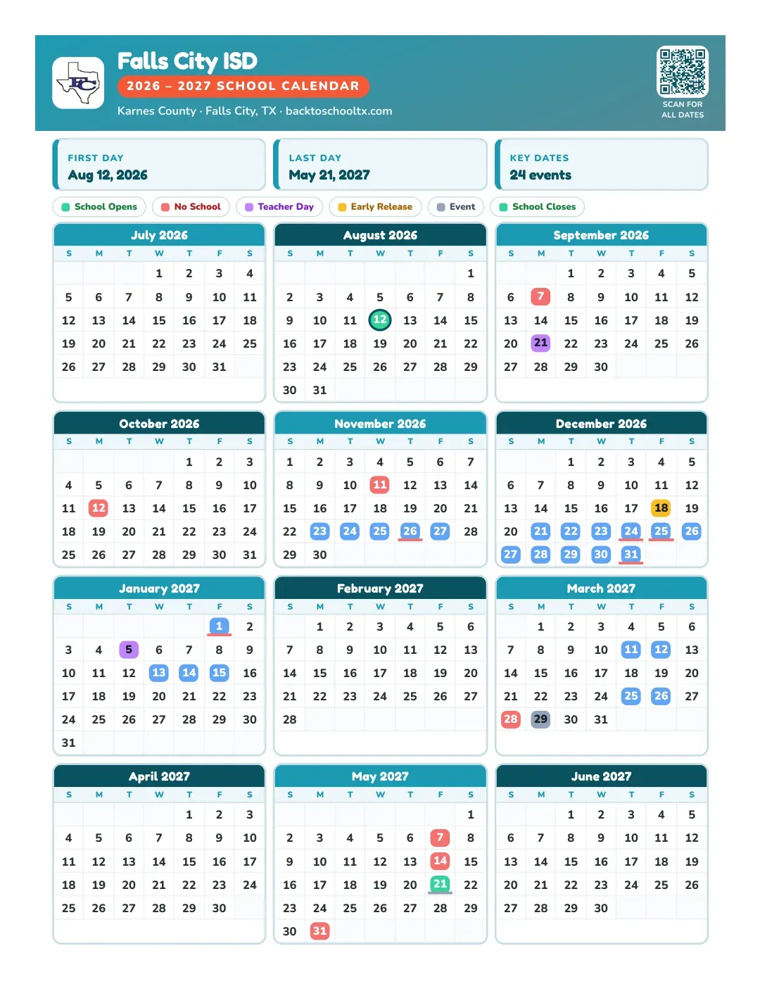 Falls City ISD Calendar for the Year 26-27