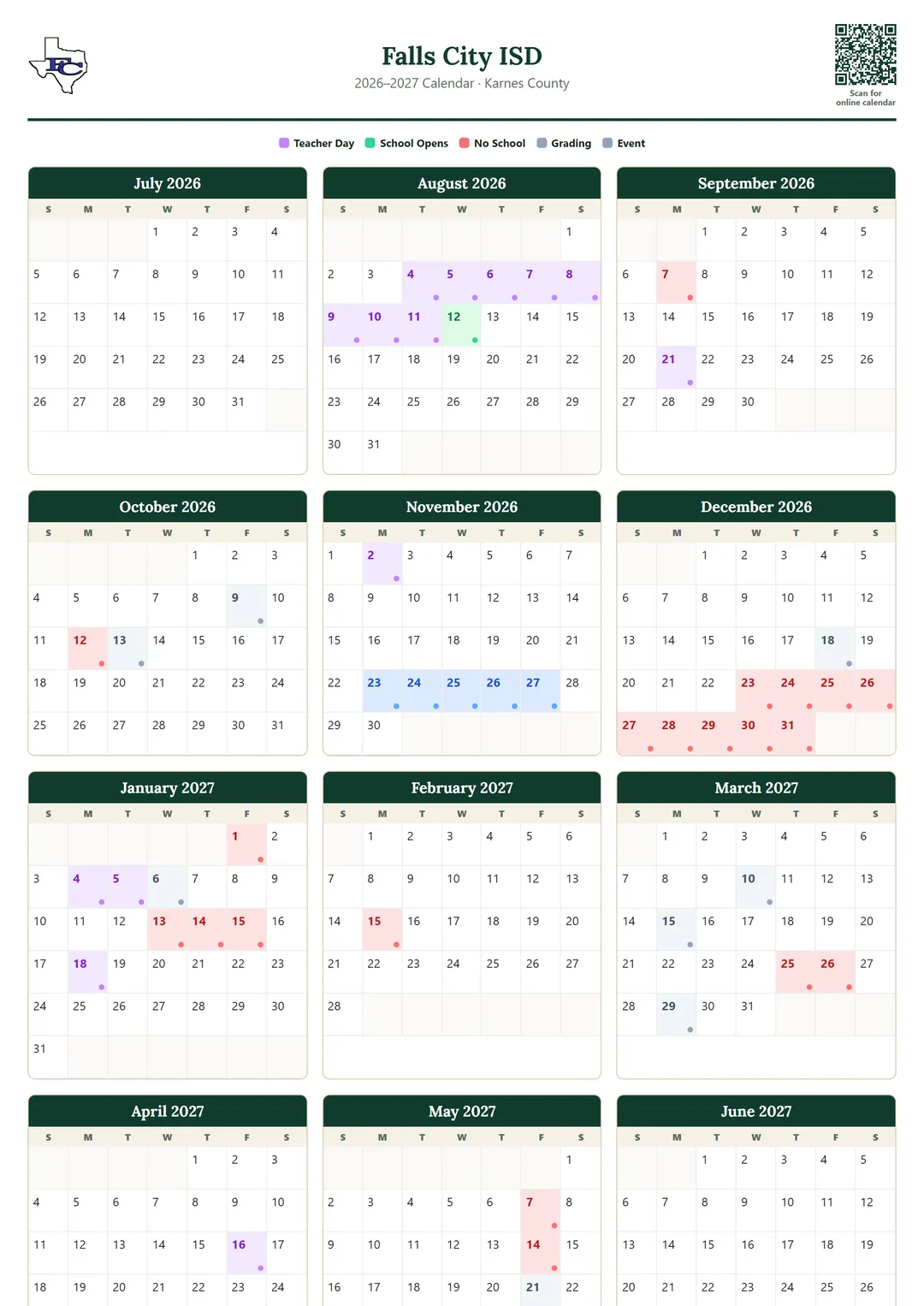 Falls City ISD printable 2026–2027 calendar