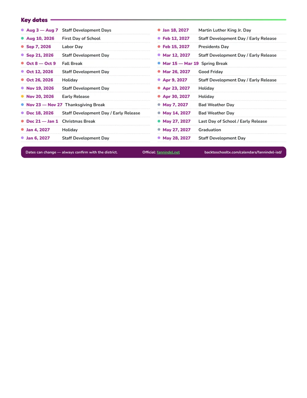 Fannindel ISD Calendar for the Year 26-27 — key dates