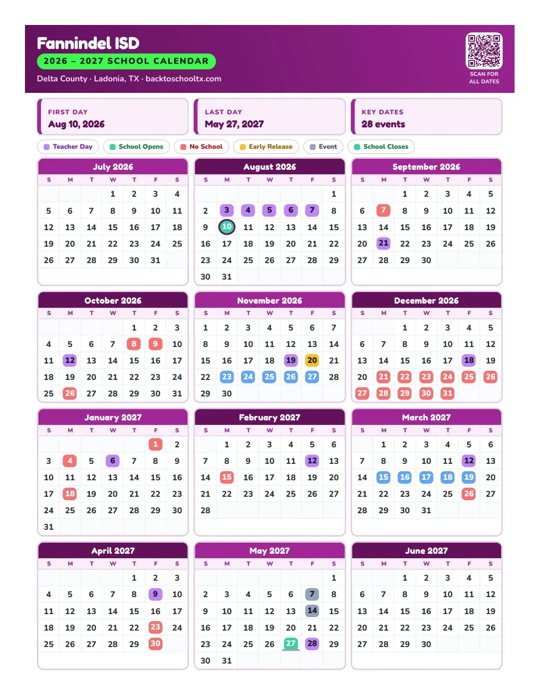 Fannindel ISD Calendar for the Year 26-27