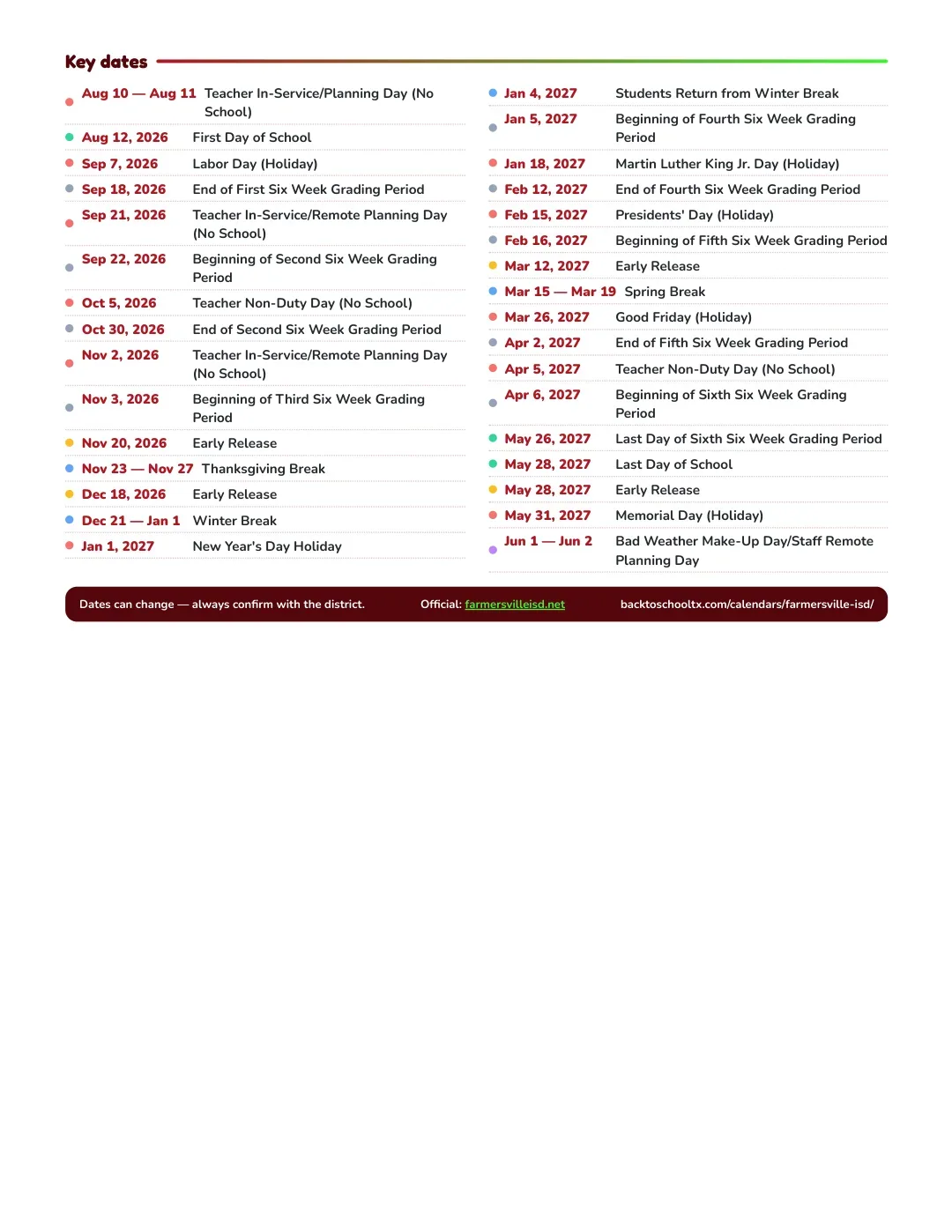 Farmersville ISD Calendar for the Year 26-27 — key dates