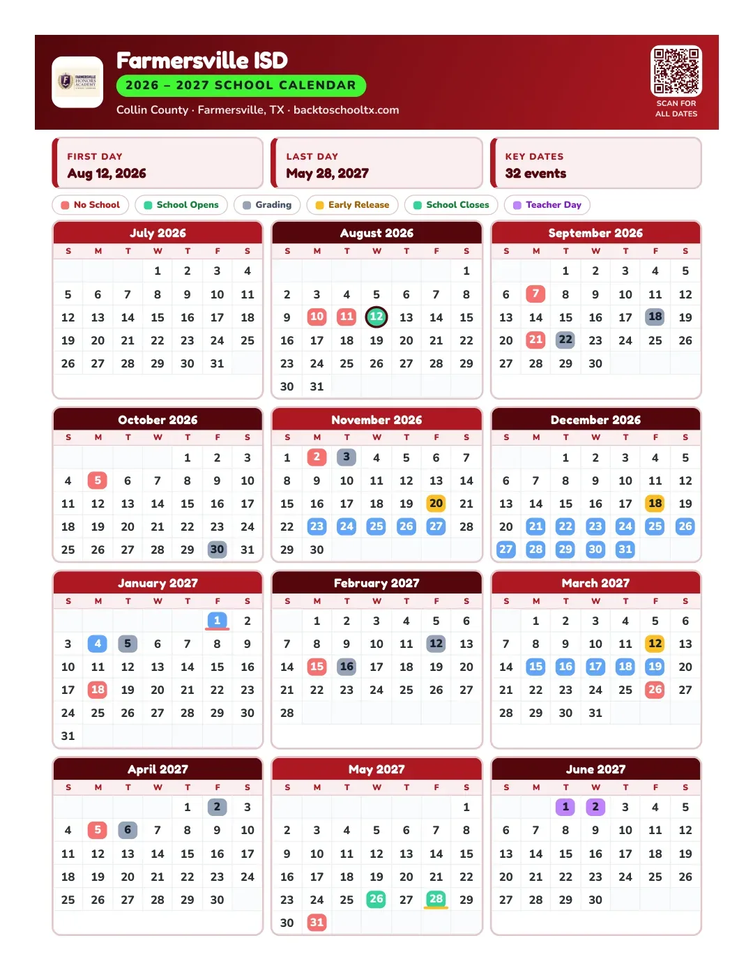 Farmersville ISD Calendar for the Year 26-27