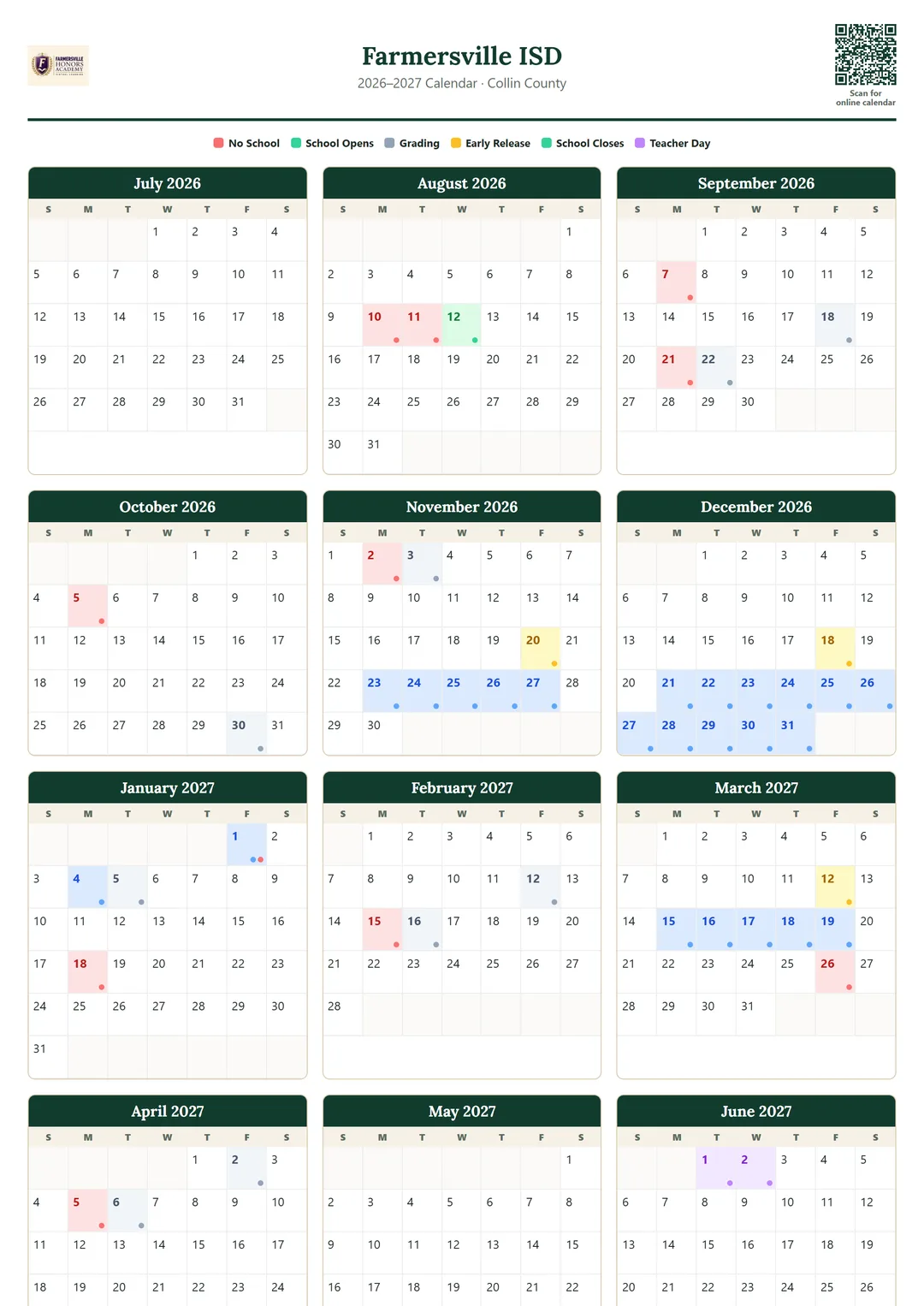 Farmersville ISD printable 2026–2027 calendar