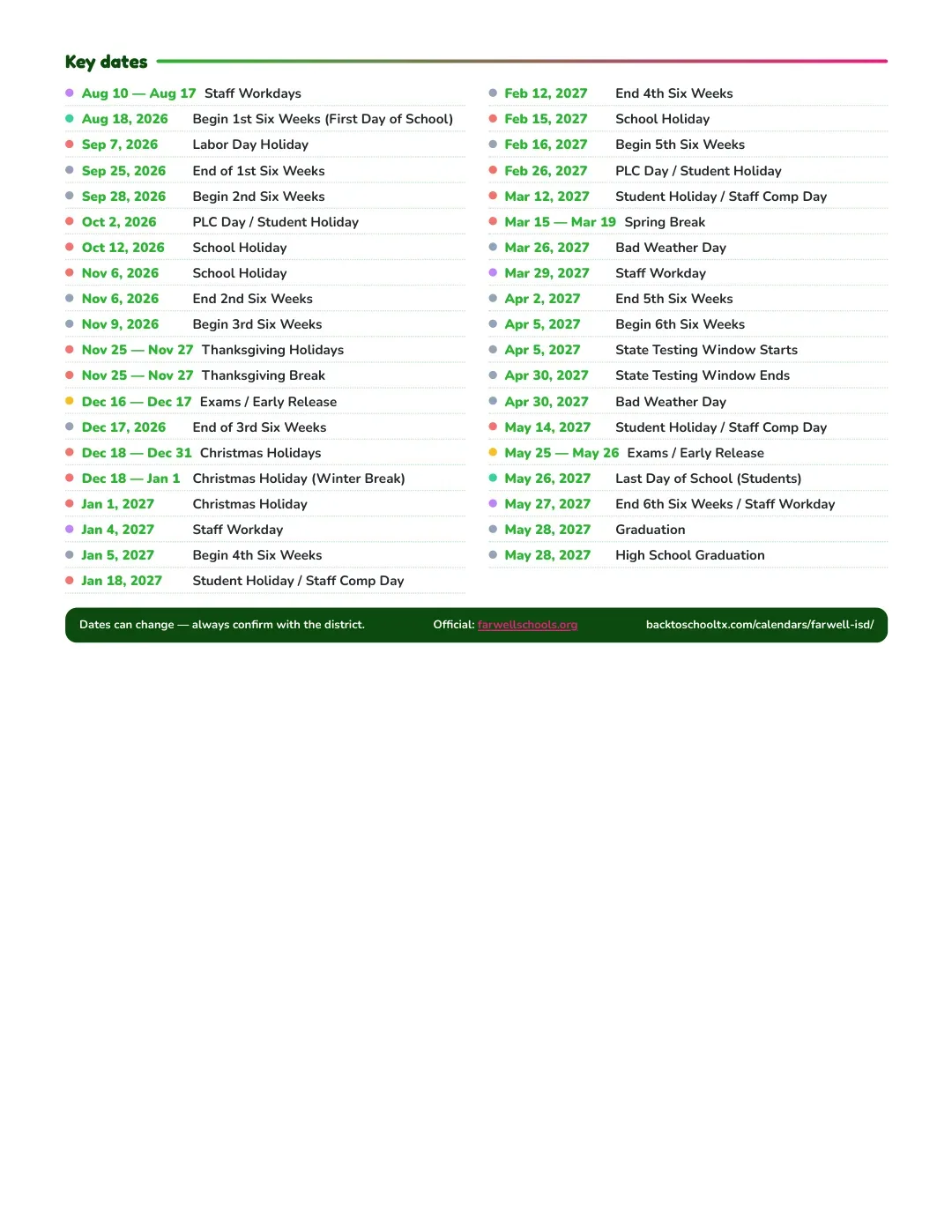 Farwell ISD Calendar for the Year 26-27 — key dates