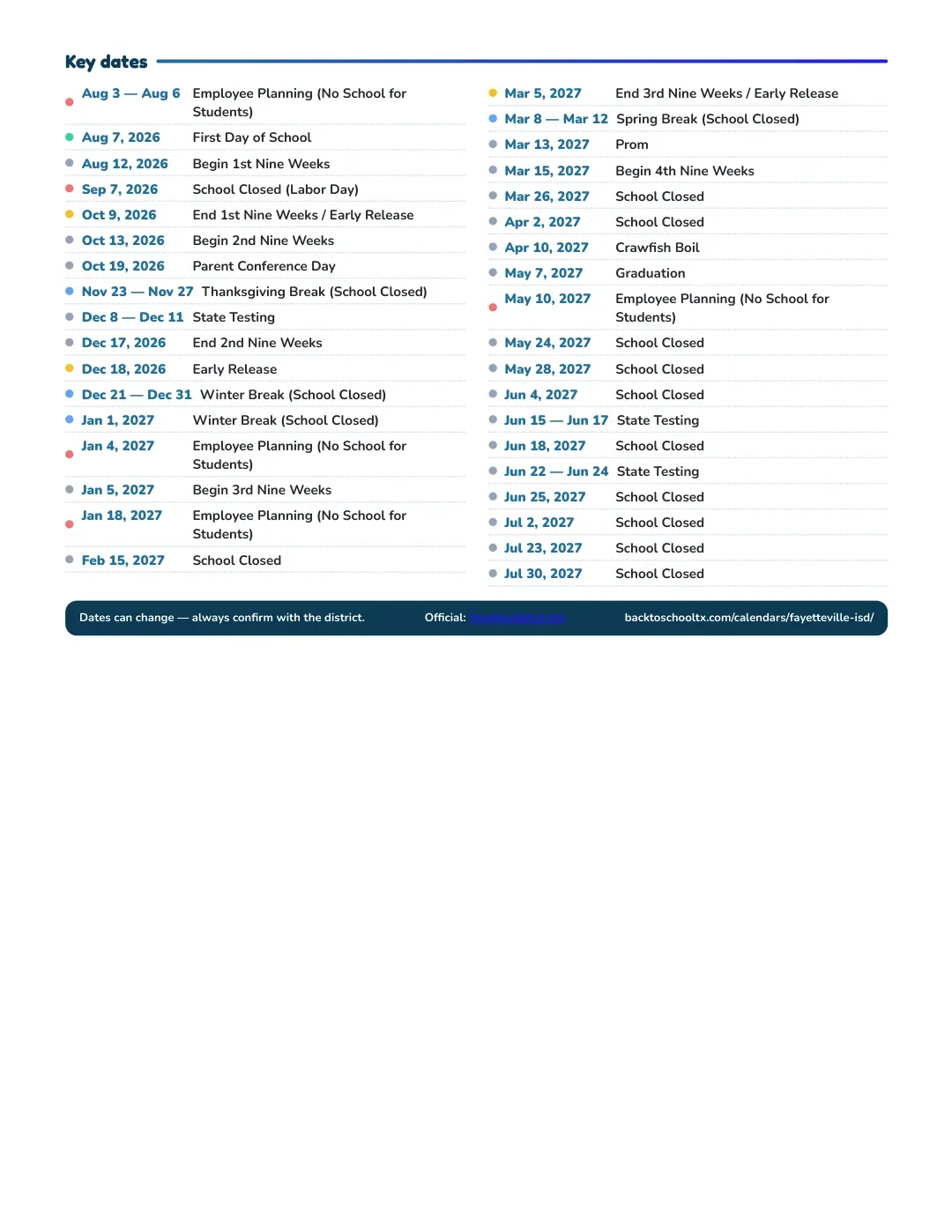 Fayetteville ISD Calendar for the Year 26-27 — key dates