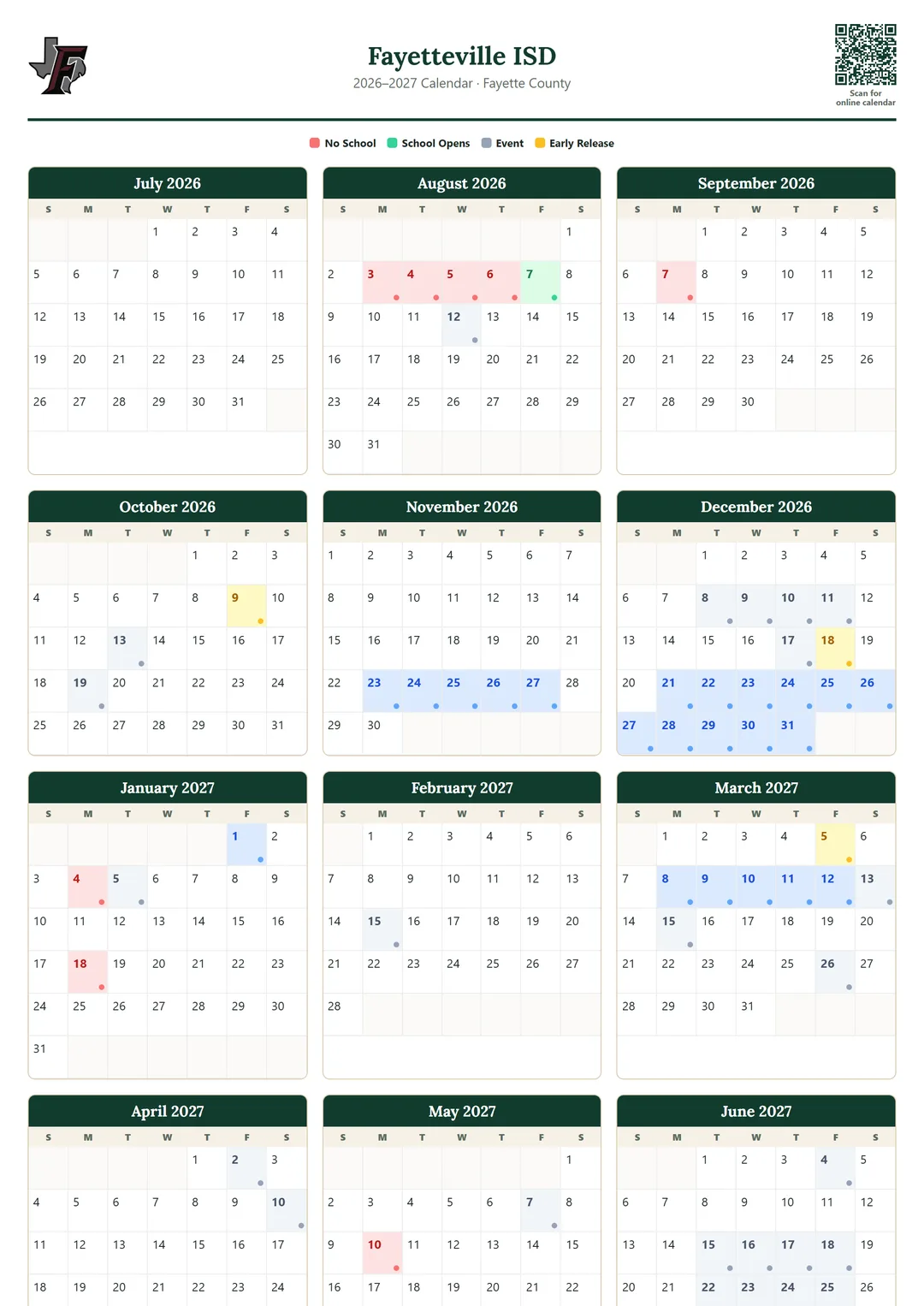 Fayetteville ISD printable 2026–2027 calendar