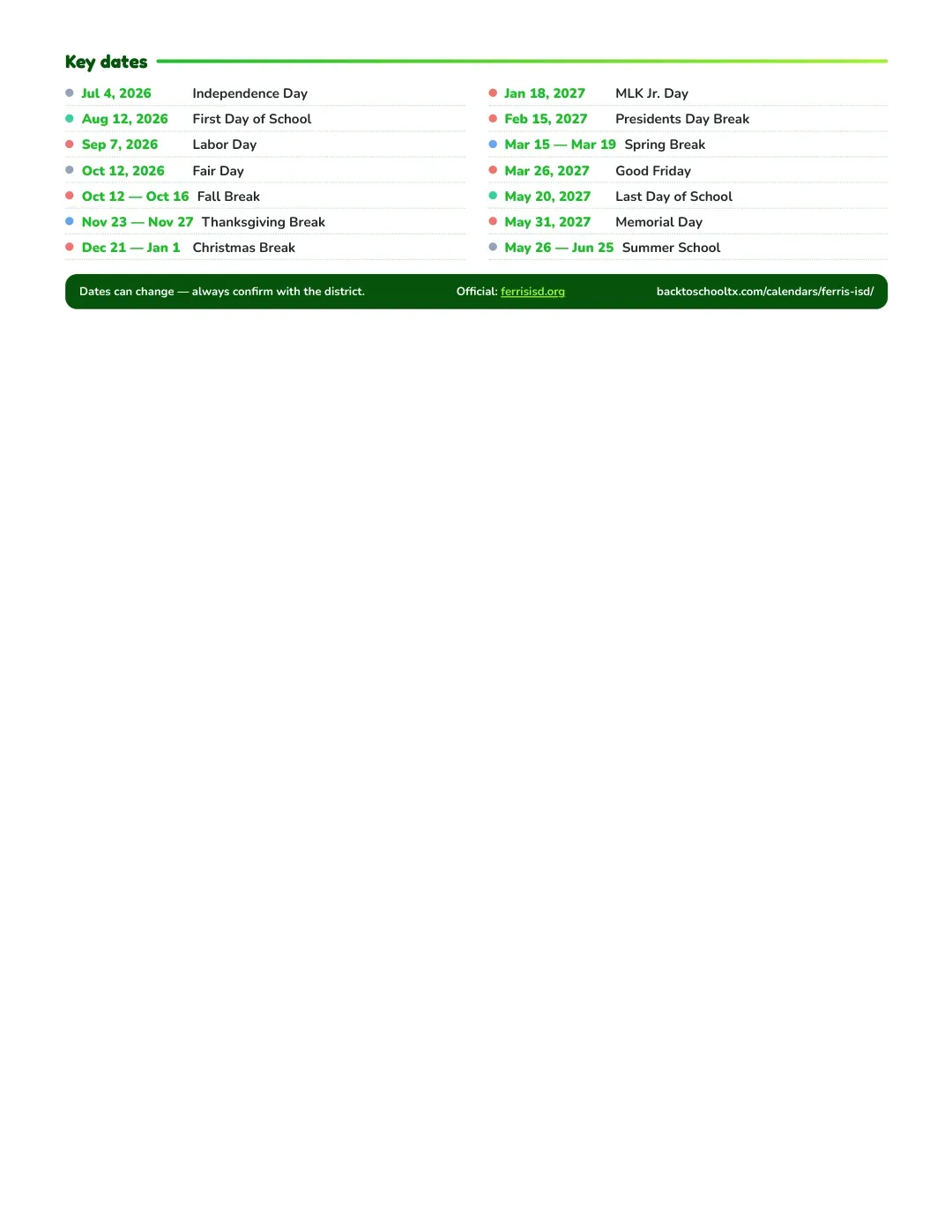 Ferris ISD Calendar for the Year 26-27 — key dates