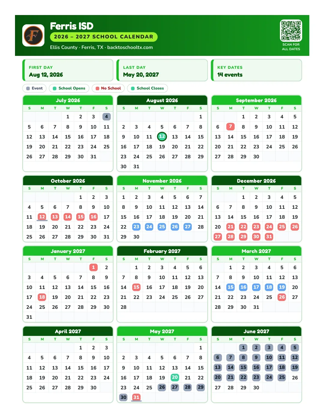 Ferris ISD Calendar for the Year 26-27