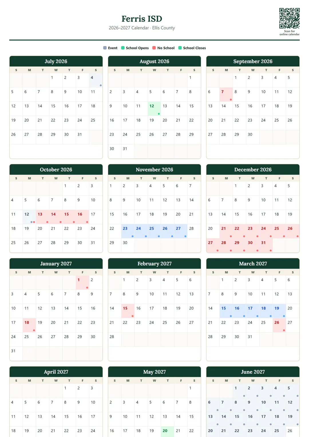 Ferris ISD printable 2026–2027 calendar